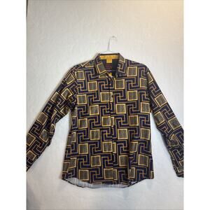 Vesari Button Shirt Geometric Spin Gold And Blue Unique Design Medium Men’s
